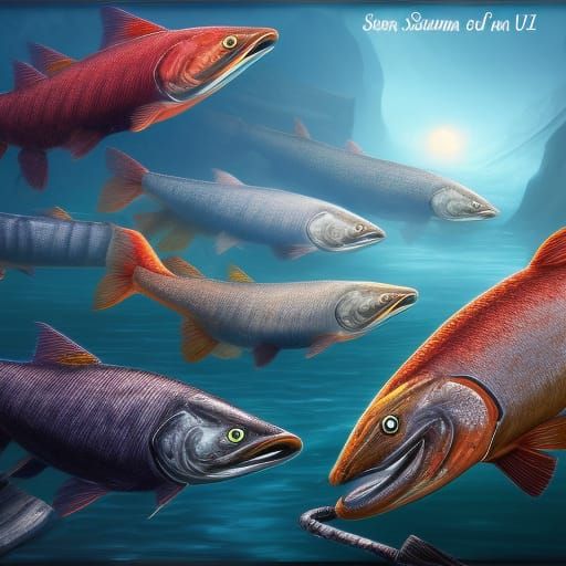 School of Salmon Fish in Detailed Matte Painting