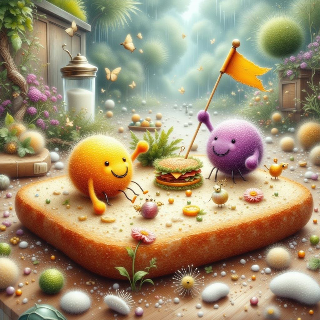 Microscopic Picnic on a Breadcrumb in Vibrant Digital Art