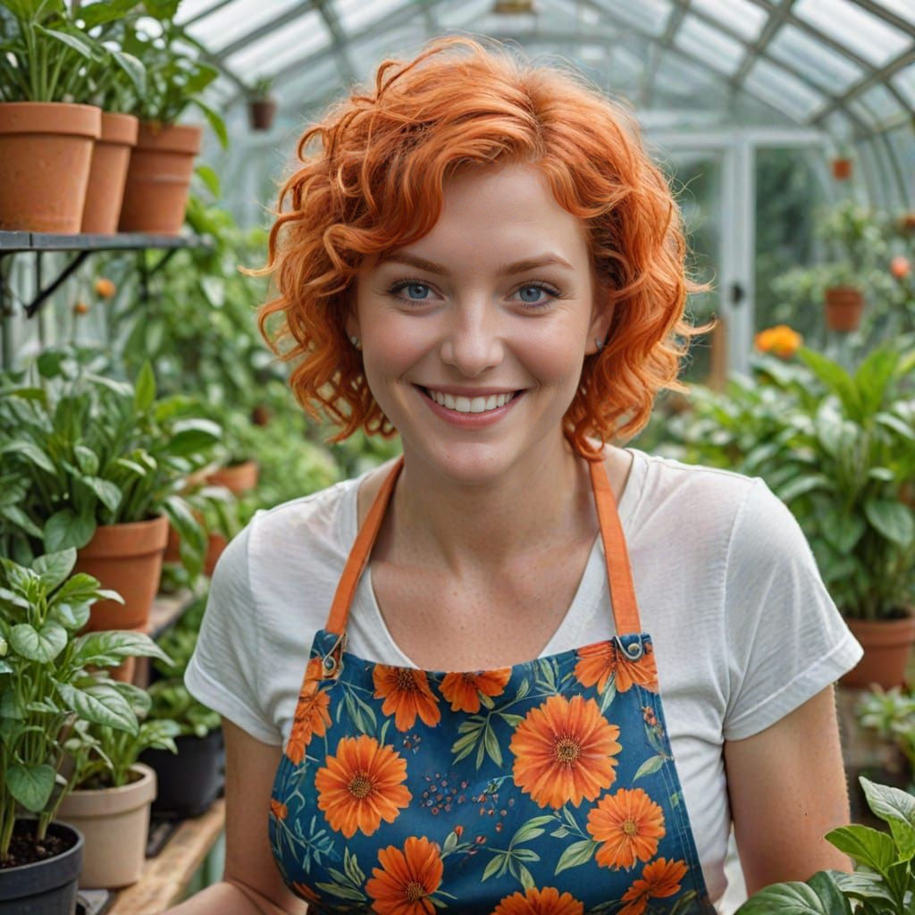 A Happy Woman in a Vibrant Greenhouse
