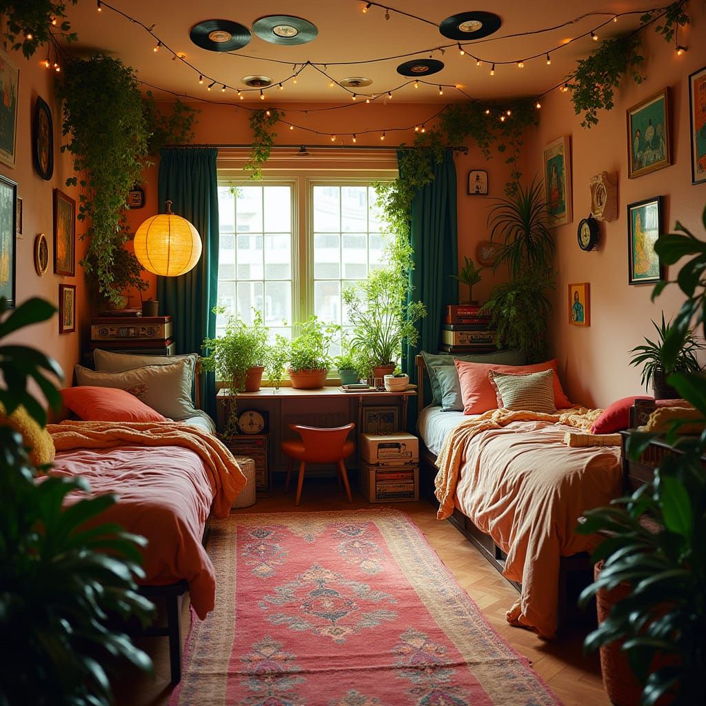 Earthy Disco Retreat in a Vintage Dorm Room