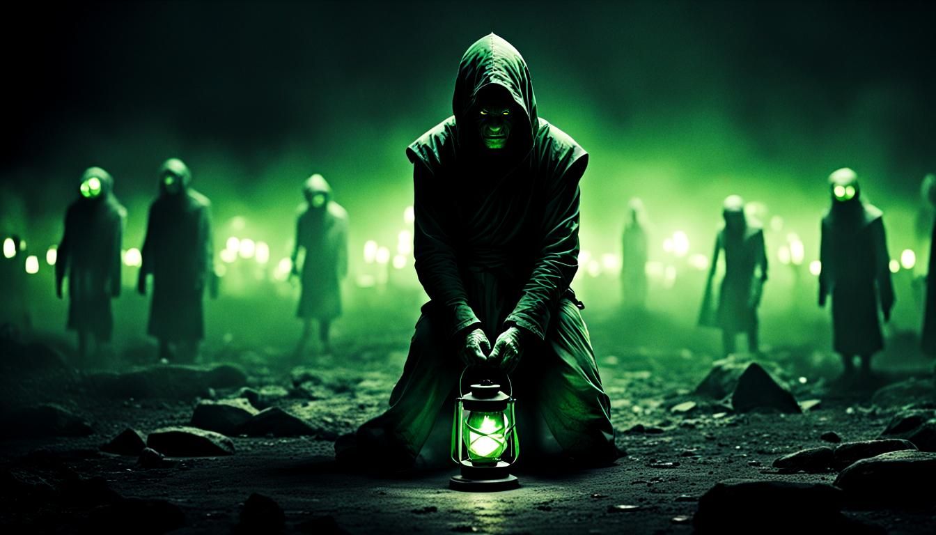 Haunting Figure with Lantern Eyes in Gloomy Darkness