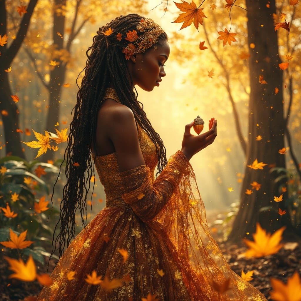 Regal African Goddess of Autumn in Enchanted Forest