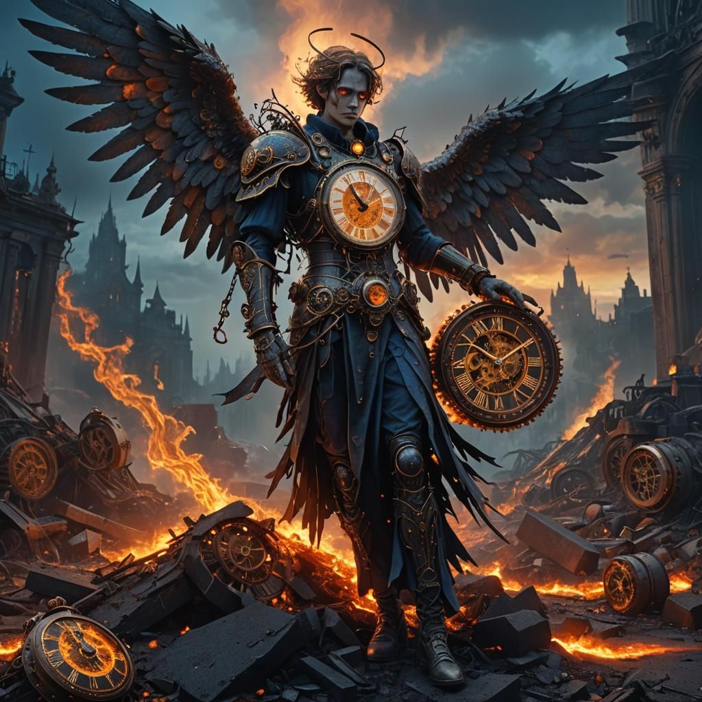 Cursed Clockwork Angel in Apocalyptic Landscape