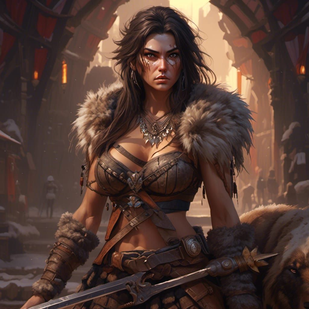 Fierce Barbarian Warrioress with Intense Stare