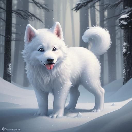Playful Snow Puppy in Snowy Forest, Hyperrealistic Art