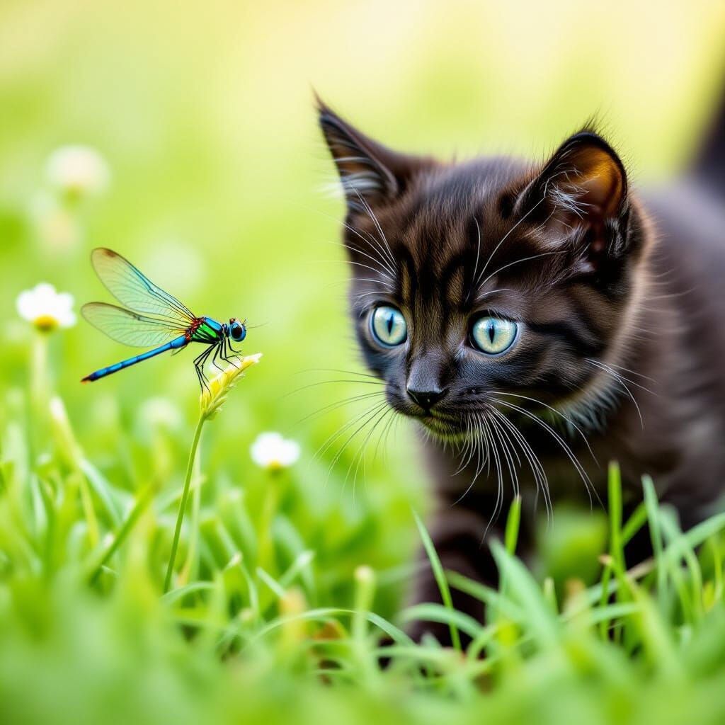 Black Kitten's First Discovery of a Meadow