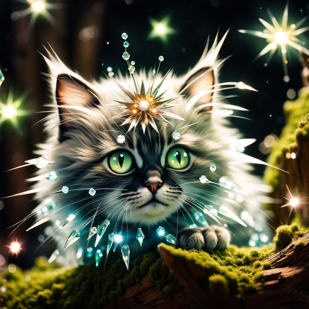 Sparkling Crystal Kitten in Mossy Woodland