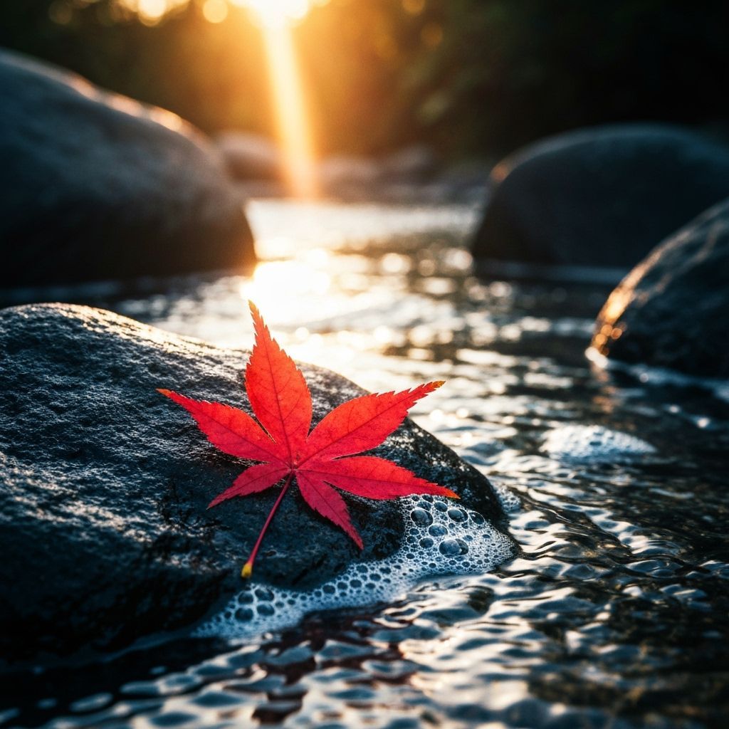 Vibrant Red Maple Leaf on Black Rock in Golden Light
