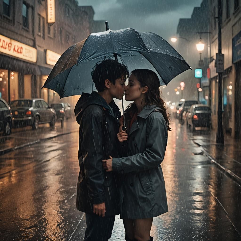 Romantic Kiss in Rainy Film Still