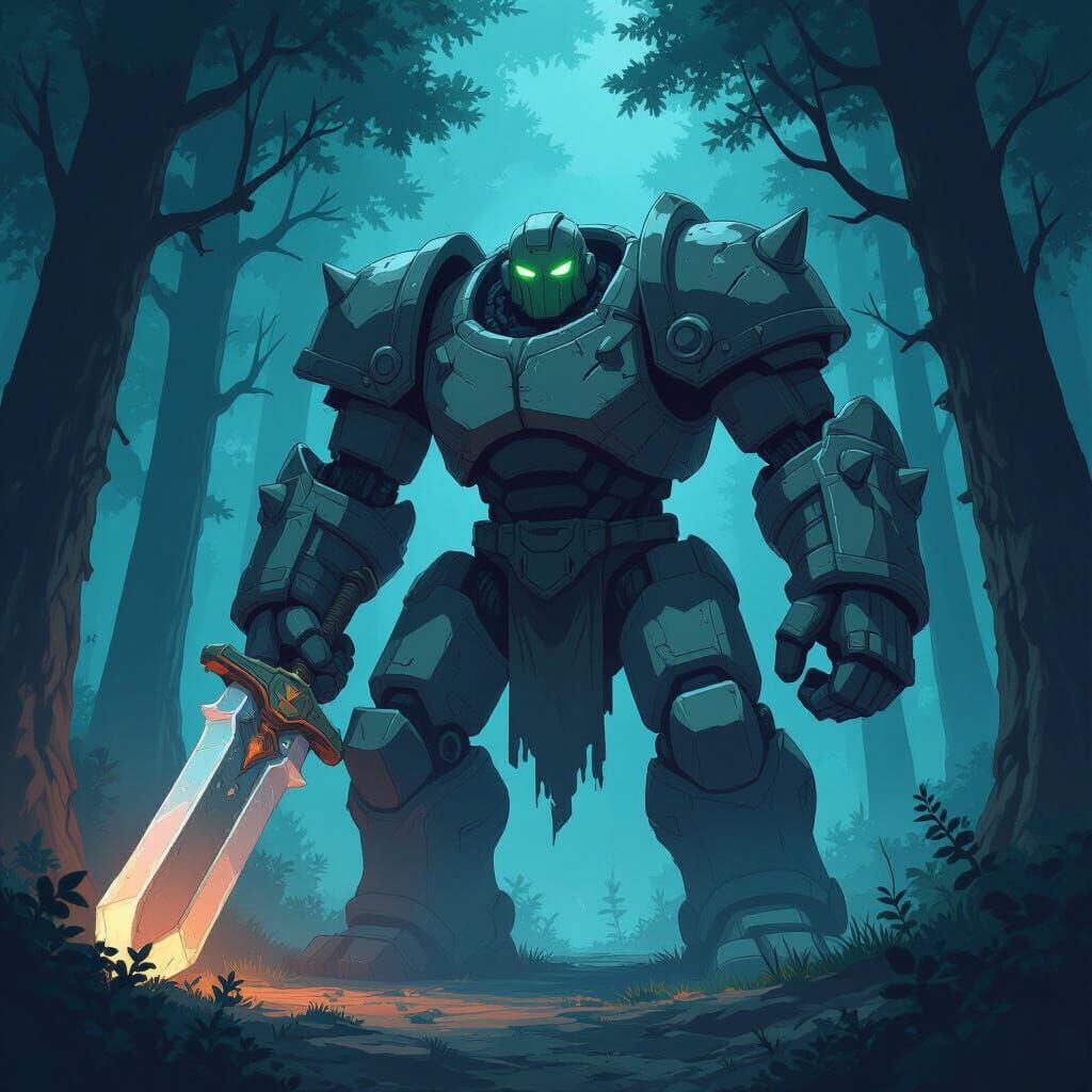 Stone Golem With Steel Sword In Dark Forest