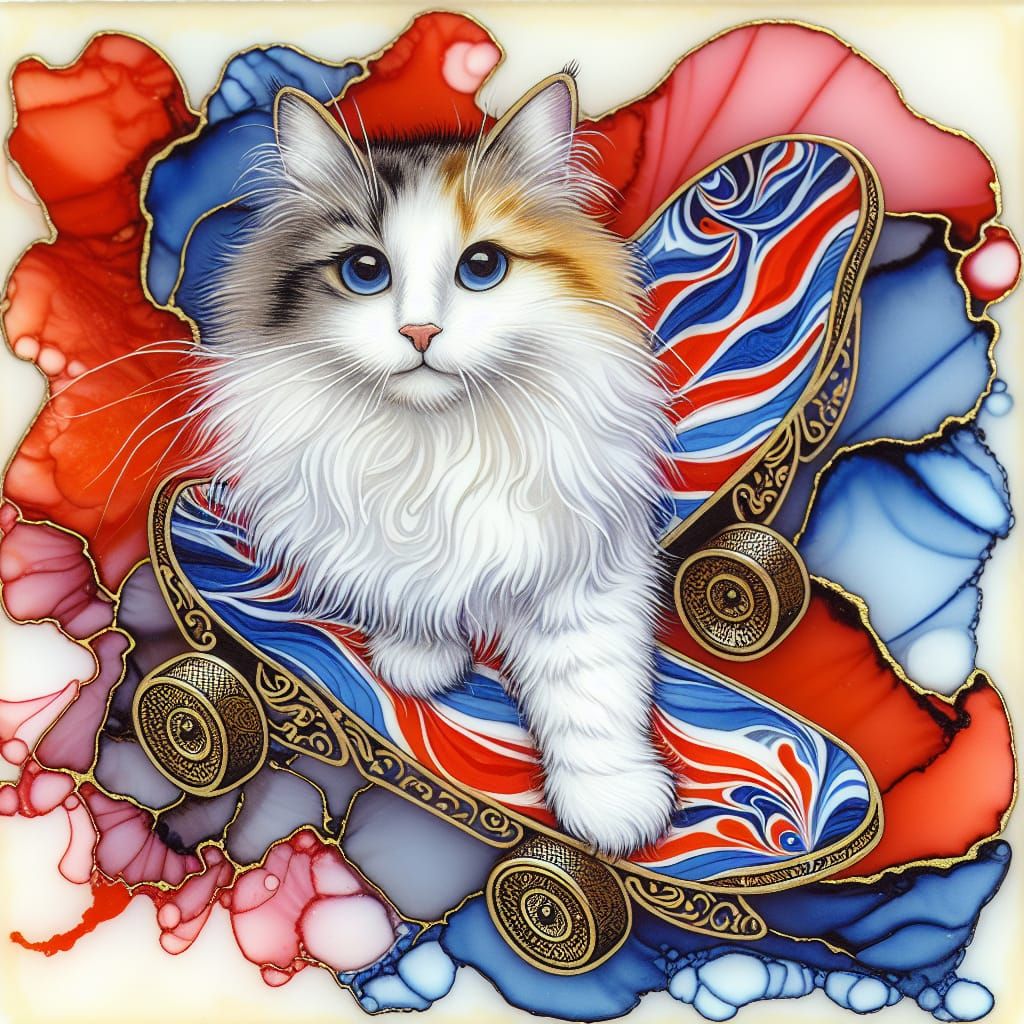 Tabby Cat on Skateboard in Alcohol Ink Style