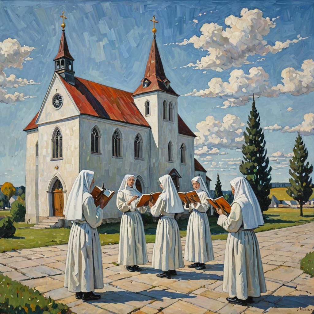 Singing Nuns in Church: Surreal Kandinsky-Mondrian Style