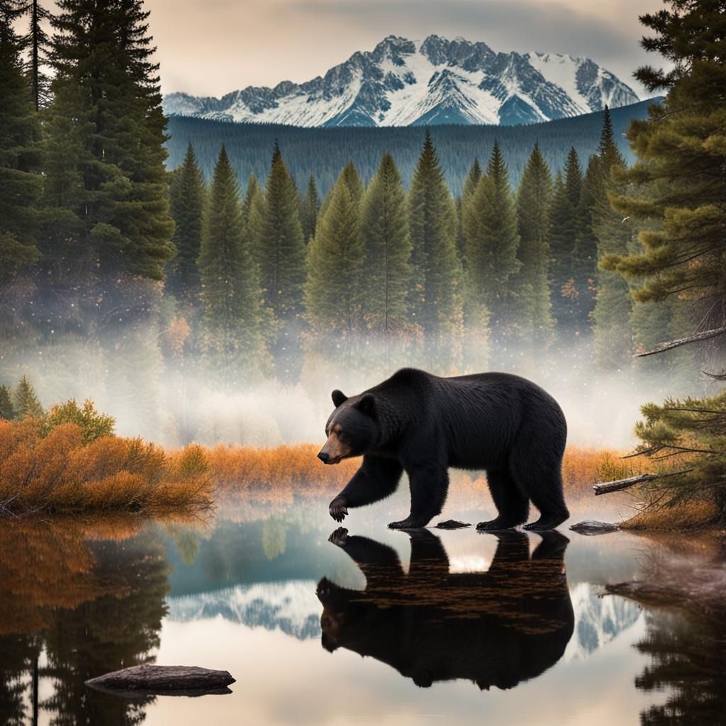 Black Bear in Forest with Lake and Mountains