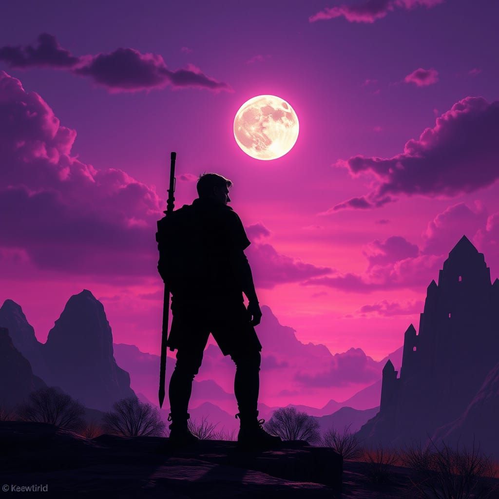 Ethereal Figure Stands Beside the Full Moon in a Vibrant, Fa...