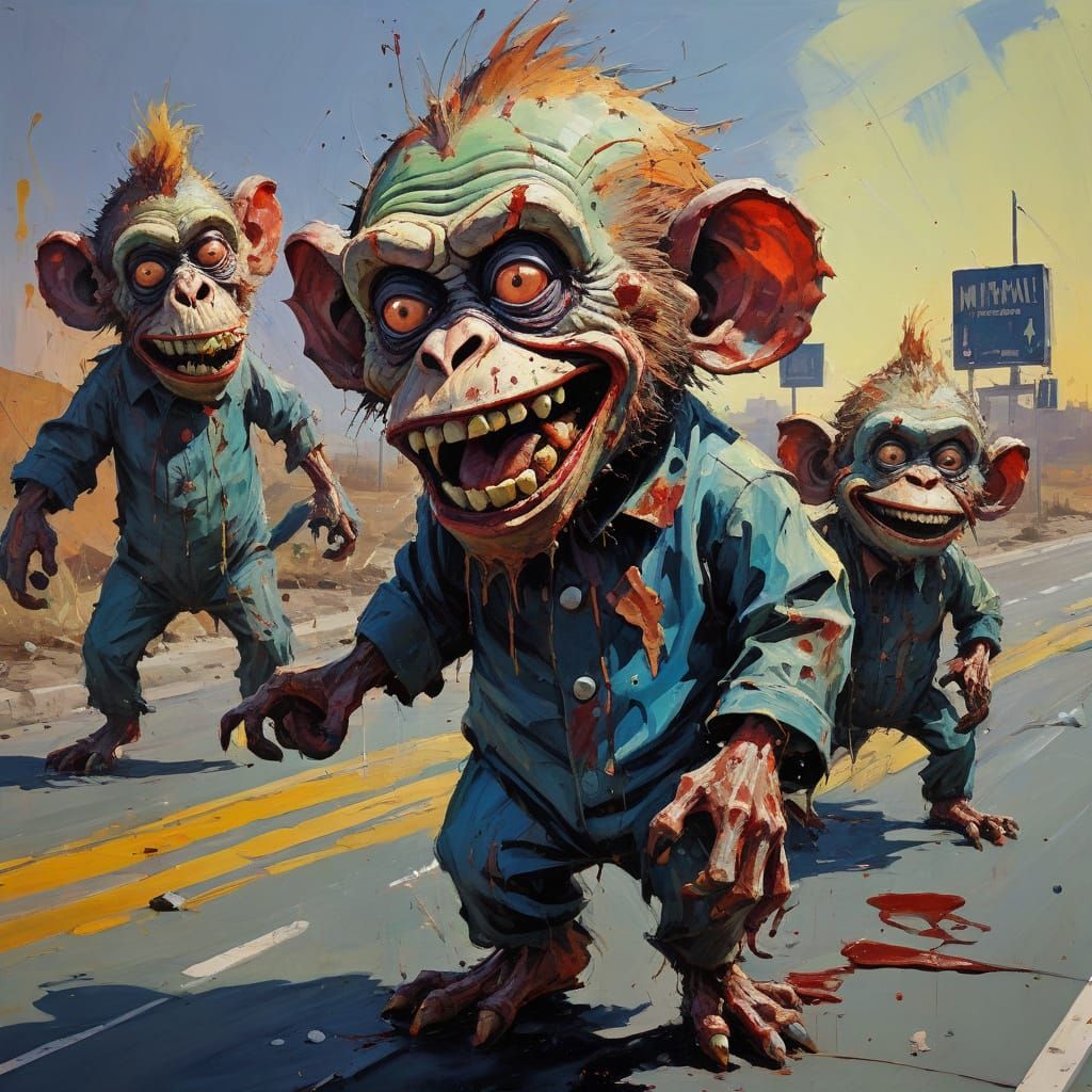 Gouache Masterpiece of Zombie Monkeys in Madcap Highway Scen...