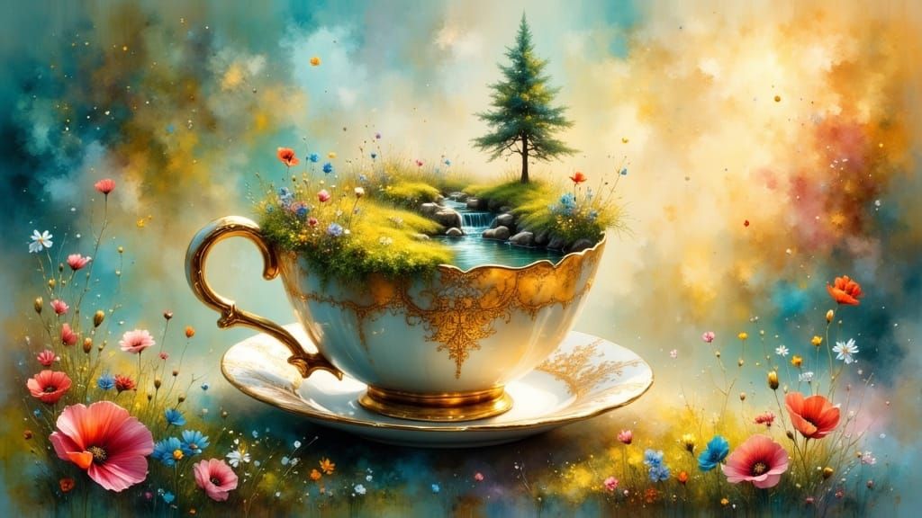 Miniature World in Teacup: Bob Ross Style Oil Painting