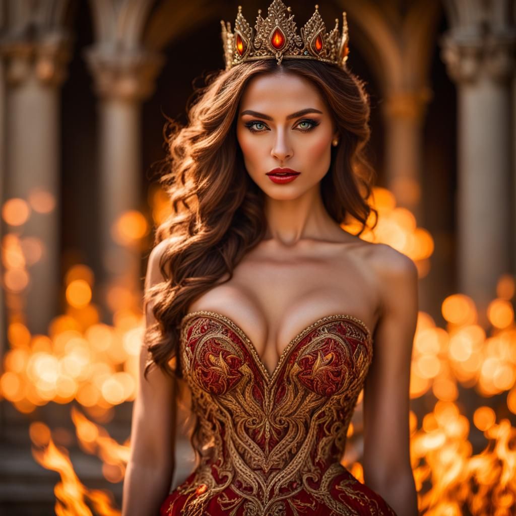 Fire princess, flames, castle, intricate design dress, compl...