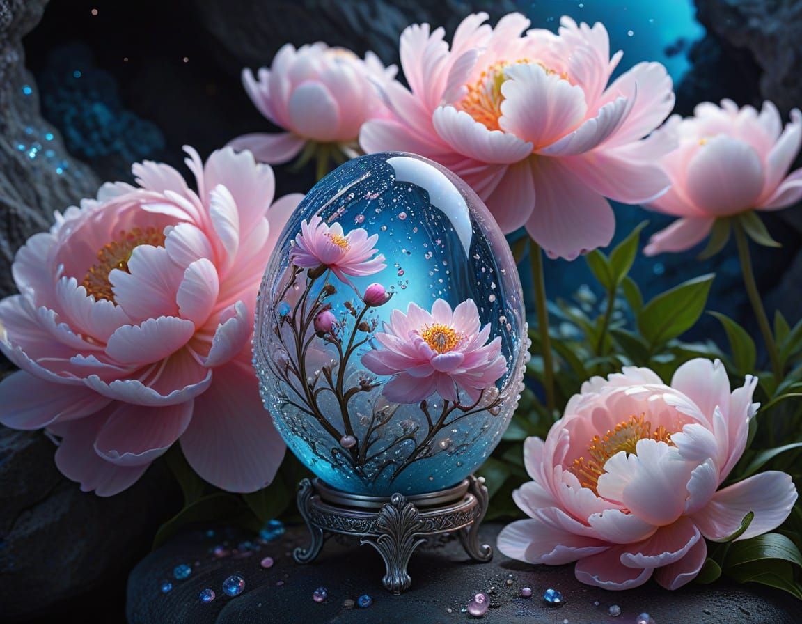 Glass Egg on Pink Peonies in Top-Lit Cave