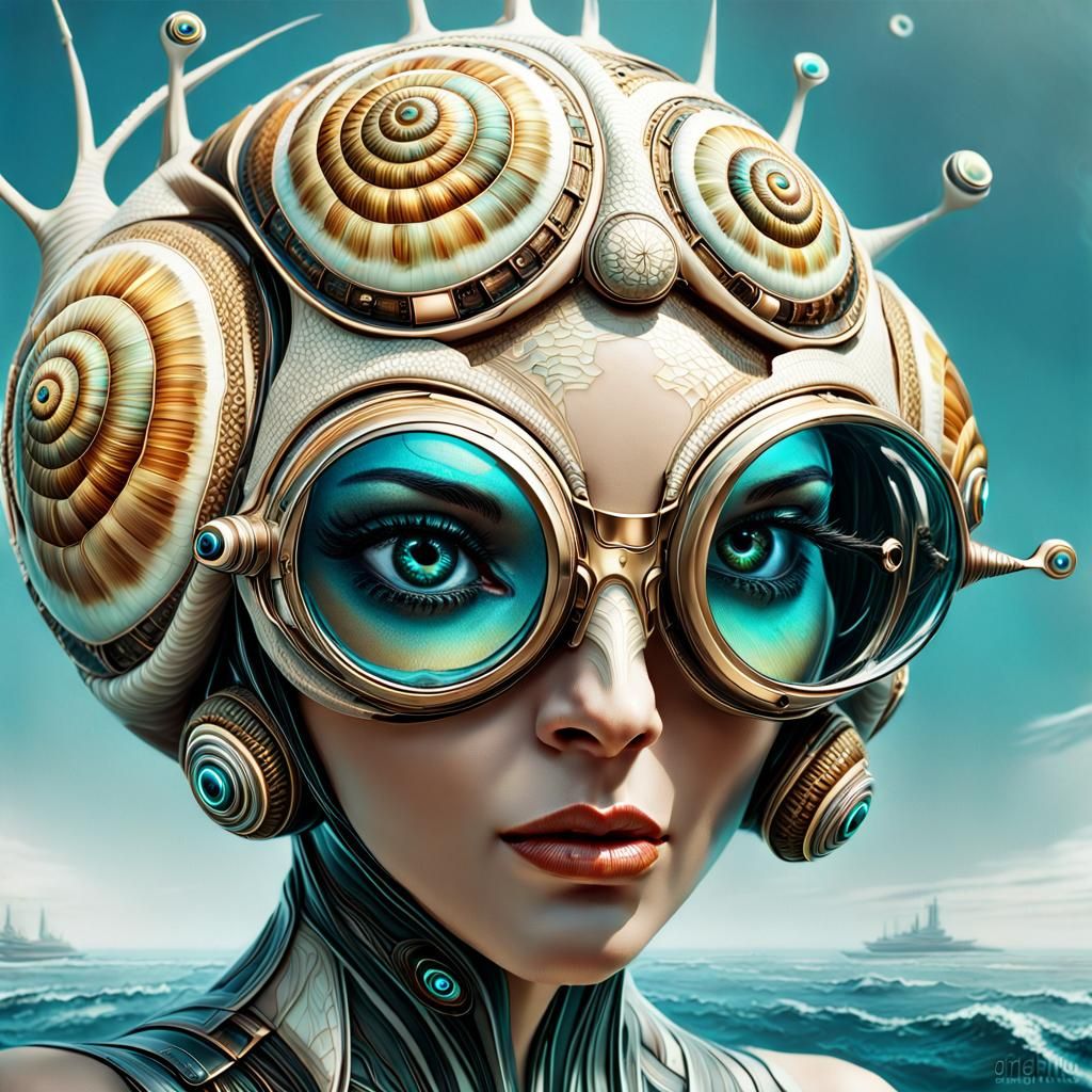 Snail Hybrid Woman with Futuristic Goggles in Digital Art