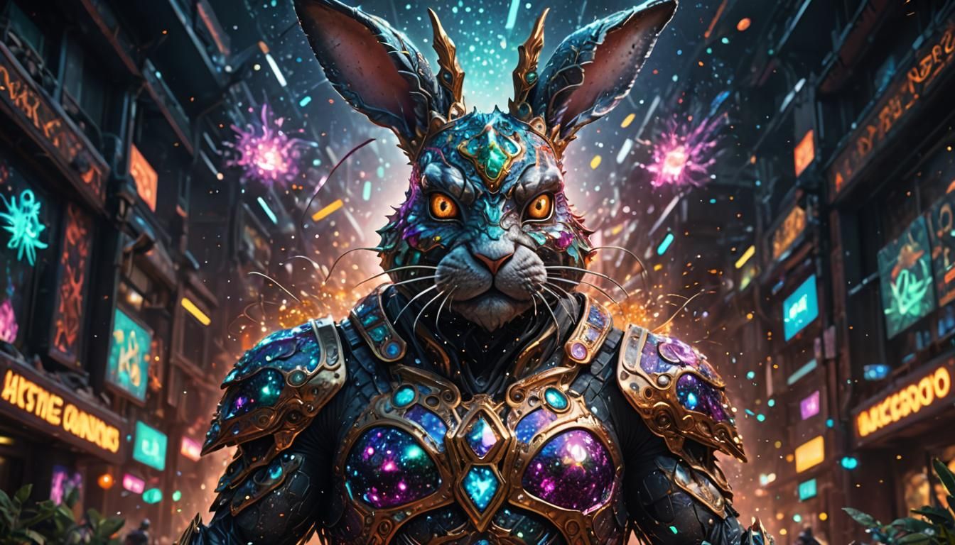 Holographic Cosmic Bunny-Man in Detailed Matte Style
