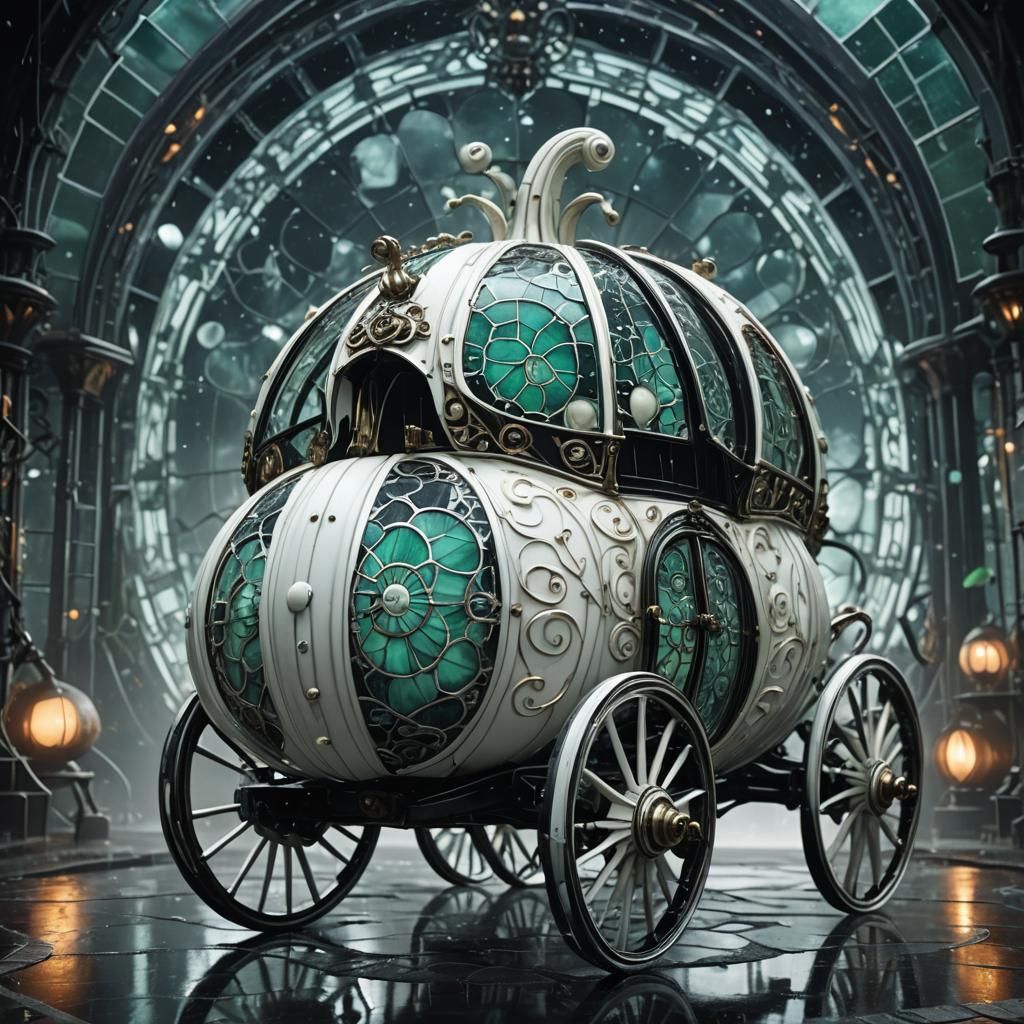 Surreal Steampunk Pumpkin Carriage in Rain