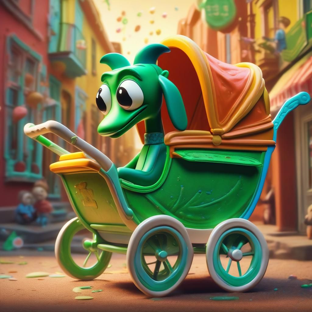 Hyperrealistic Gumby in Baby Carriage