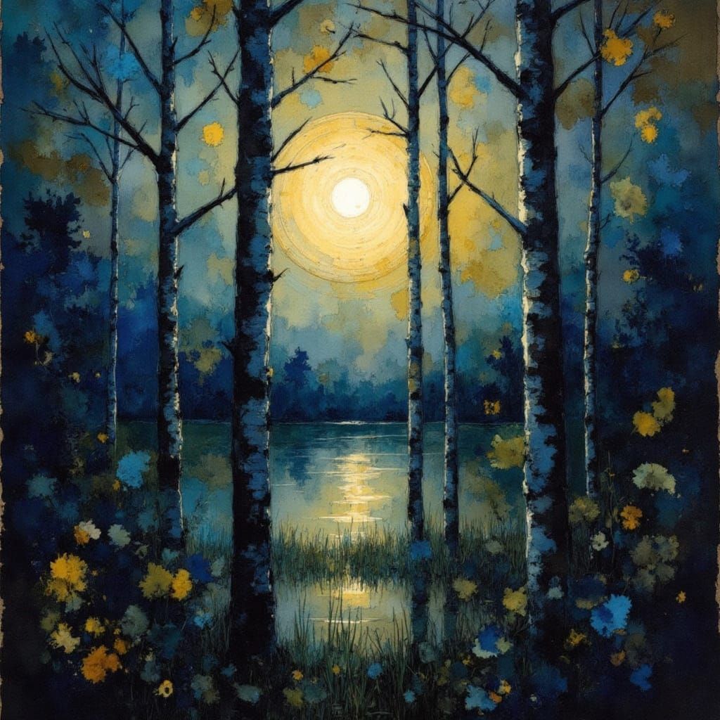 Full Moon Through Birch Trees, in Decorative Style