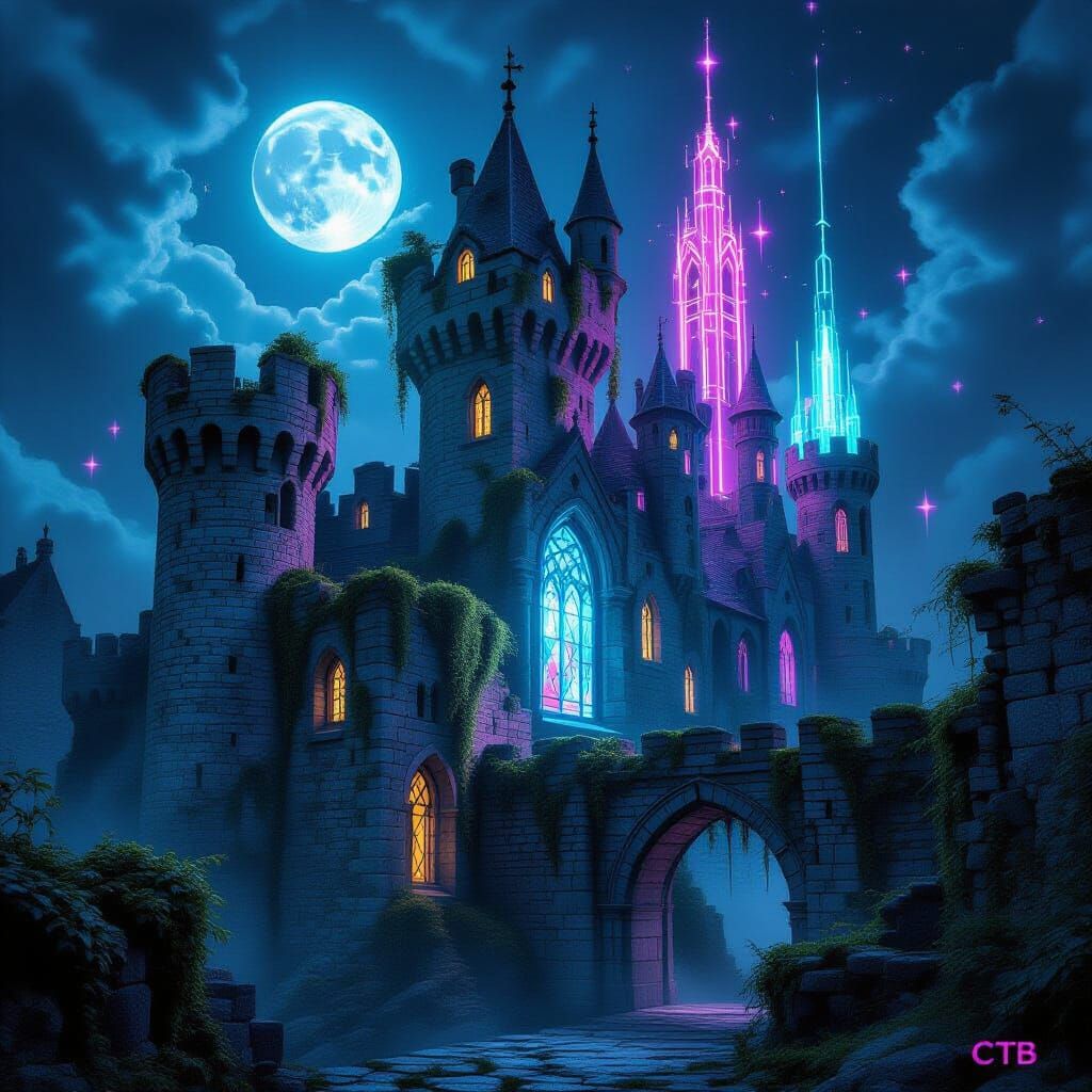 Gothic Neon Castle Fuses Ancient Ruins With Futuristic Spire...