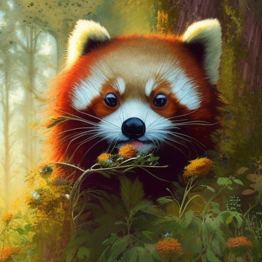 Detailed Red Panda Portrait with Wildflowers