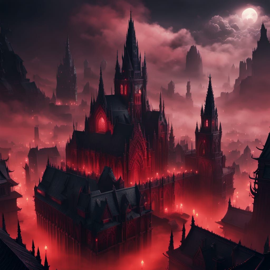 Mysterious Red Mist City in Anime Style