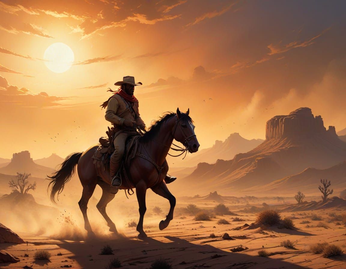 Lone Cowboy Rides into Dusty Sunset in Frazetta Style