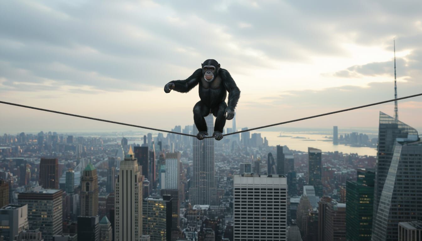 Chimp on Tightrope Above Moody New York in HDR
