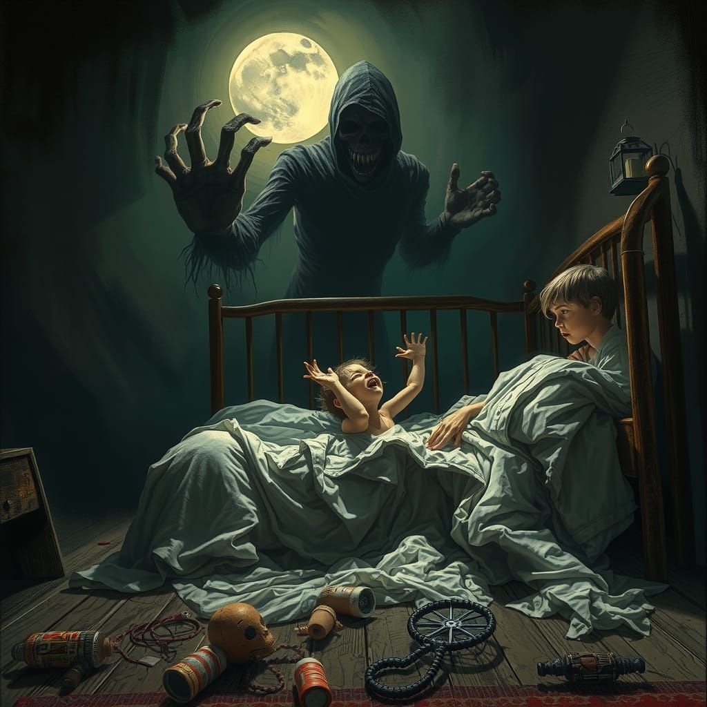 Child's Nightmare: Shadow Monster in Dark Romanticism Style