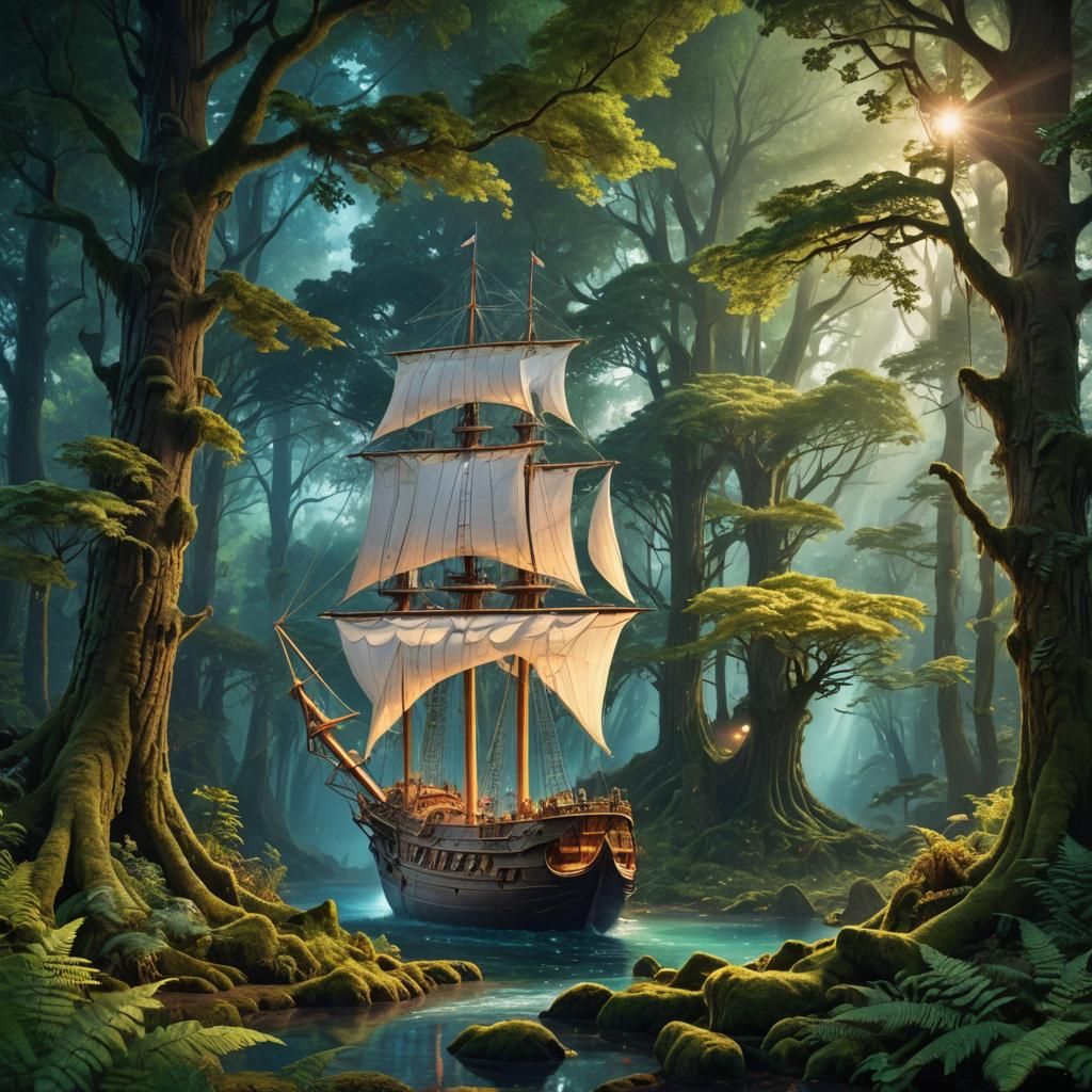 Futuristic Sailing Ship Navigates Bioluminescent Forest