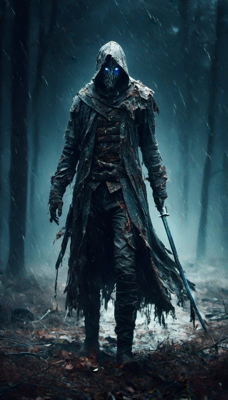 Armored Figure with Sword in Macabre Dark Style