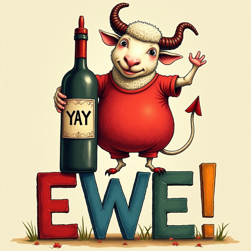 Anthropomorphic Sheep Celebrates with Wine in Pop Art Style