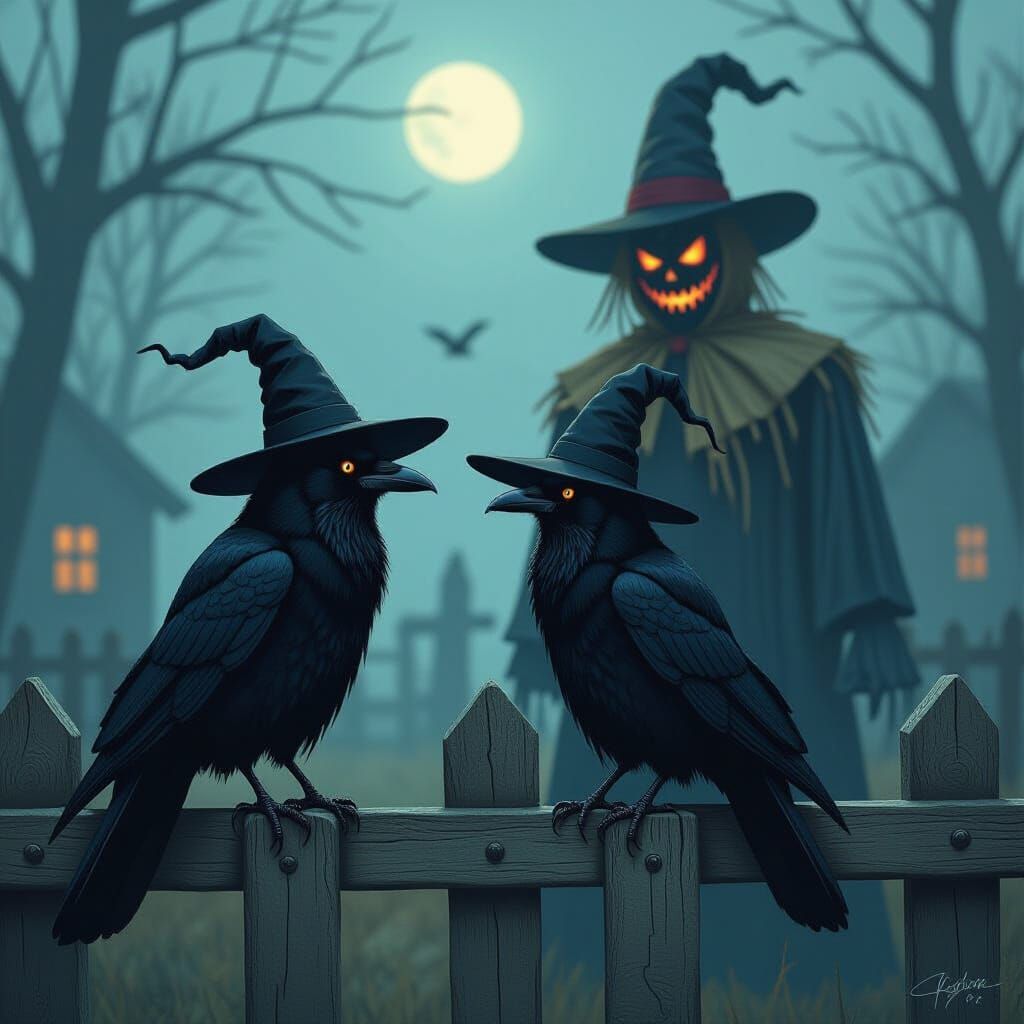 Crows on Fence with Trump Scarecrow, Sinister Digital Art