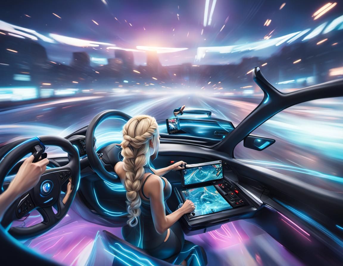 young attractive pretty woman playing video game on PC, both hands on Steering Wheel Joystick, beautiful, blond, hair, l...