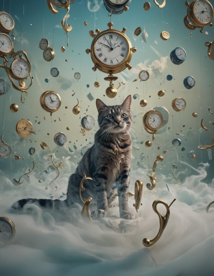 Surreal Cat Surrounded by Melting Clocks