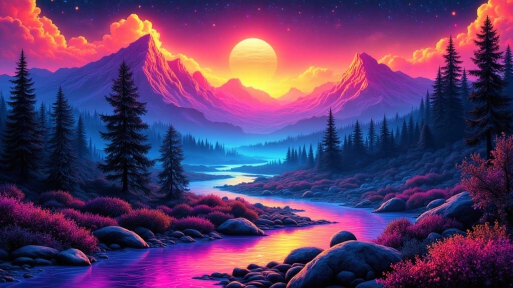 Vibrant Neon Silhouette Landscape Art