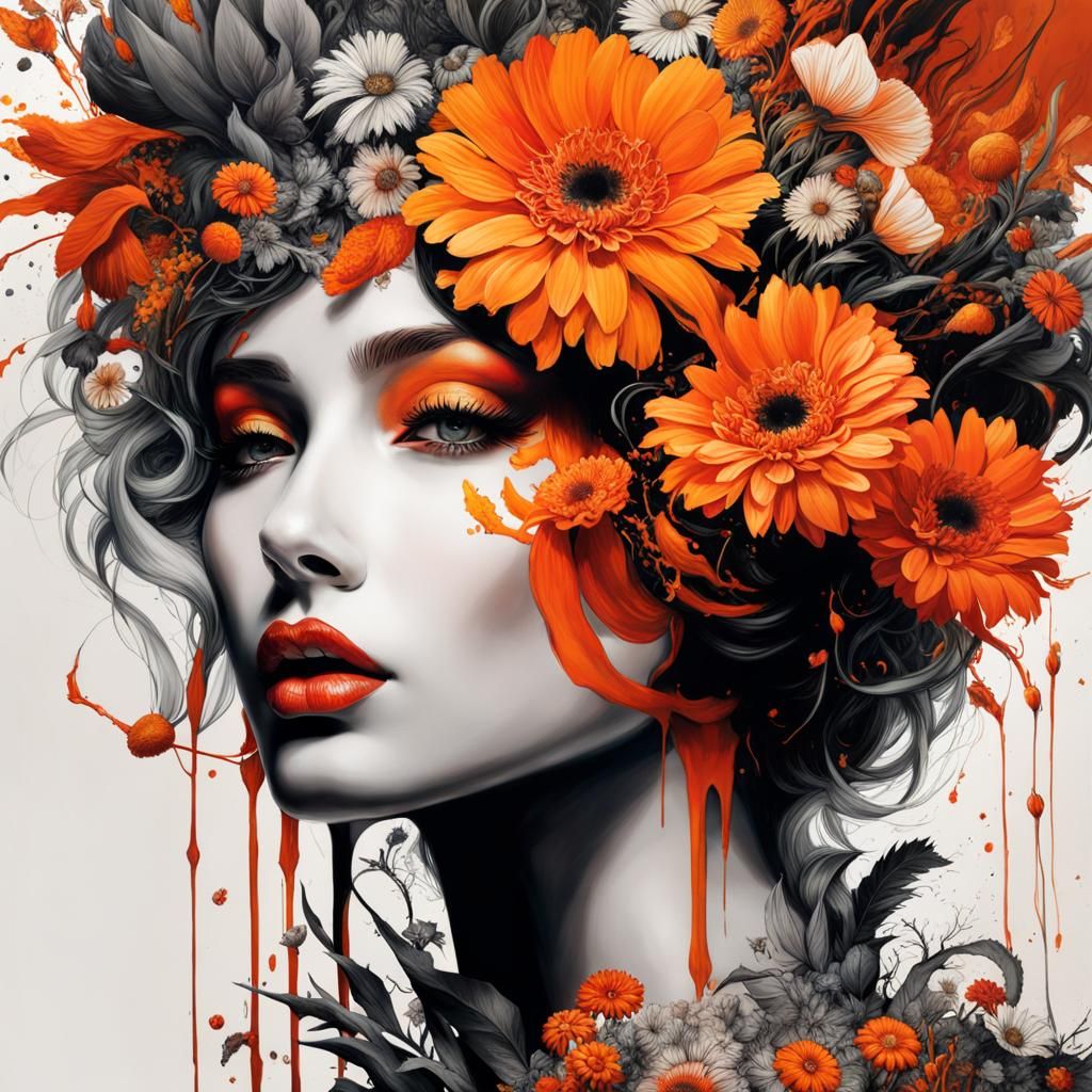 Monochromatic Orange Floral Queen in Oil Painting Style