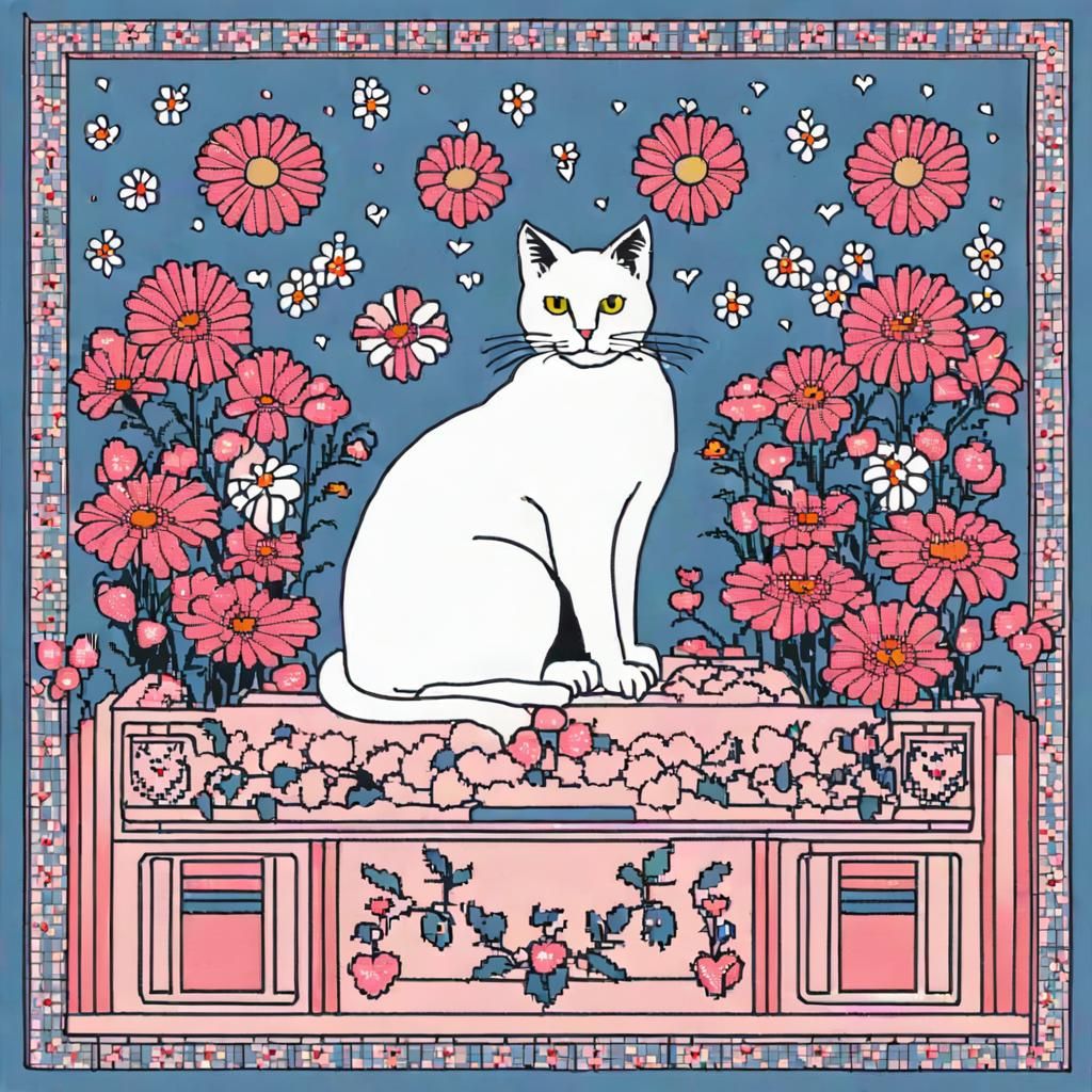 Cute Cat Surrounded by Flowers and Heart Lights