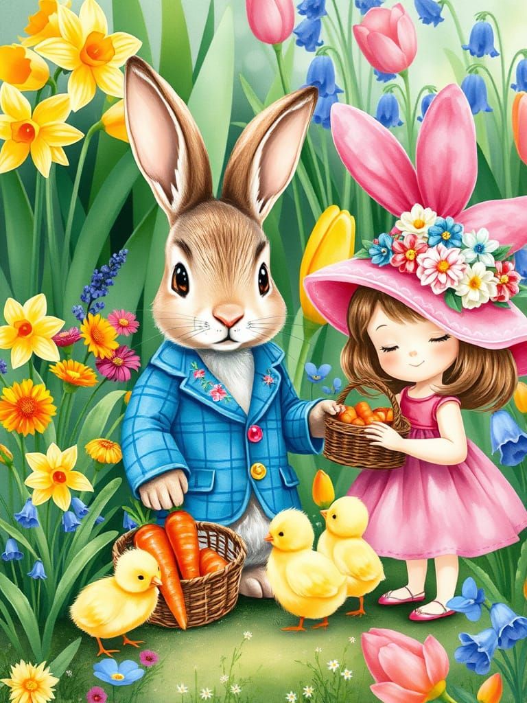 Whimsical Bunny in Blue Plaid Suit Amidst Vibrant Floral Gar...
