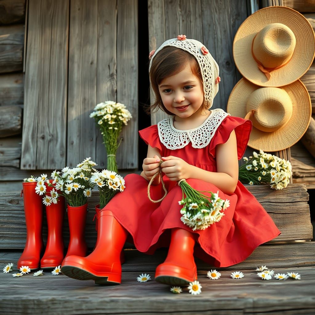 Whimsical Young Girl in Red Sundress Plays with Twine in a S...