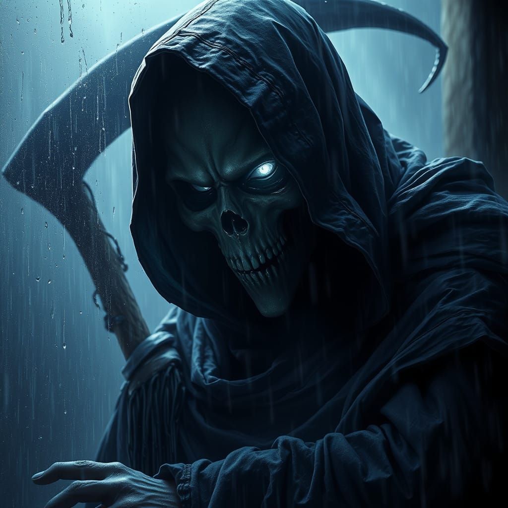 Grim Reaper Peers Through Rainy Window with Ethereal Light