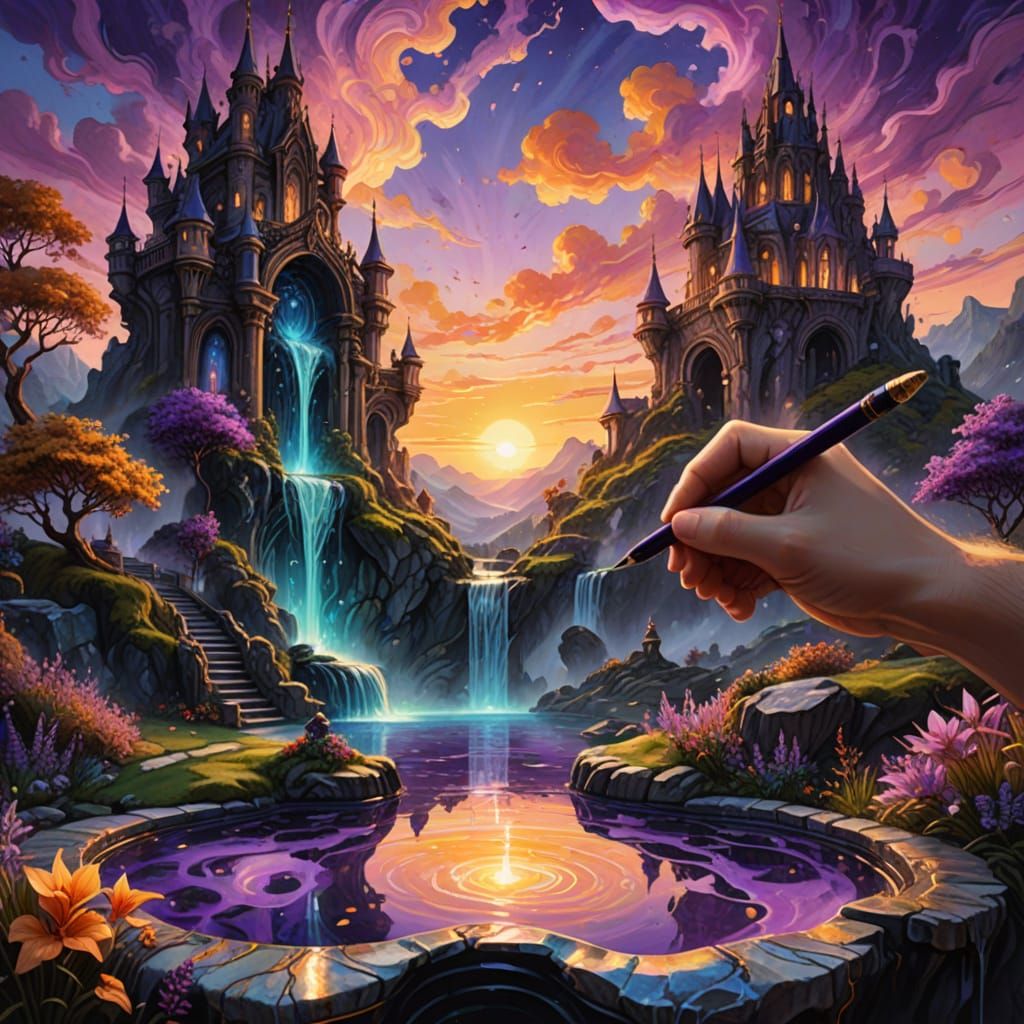 Enchanted Fountain Sketch in a Dreamlike Landscape
