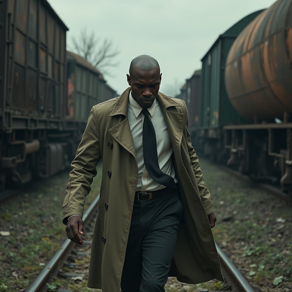 Intense Bald Man Battles Creature in Abandoned Rail Yard