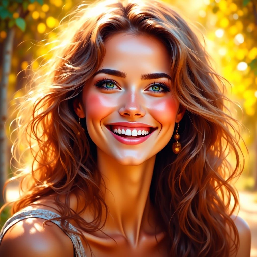 Radiant Actress with Joyful Smile in Sunlight