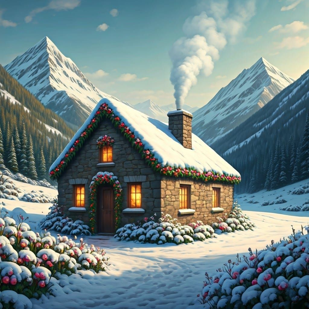 Serene Winter Cottage in a Snowy Vale with Vibrant Flowers a...