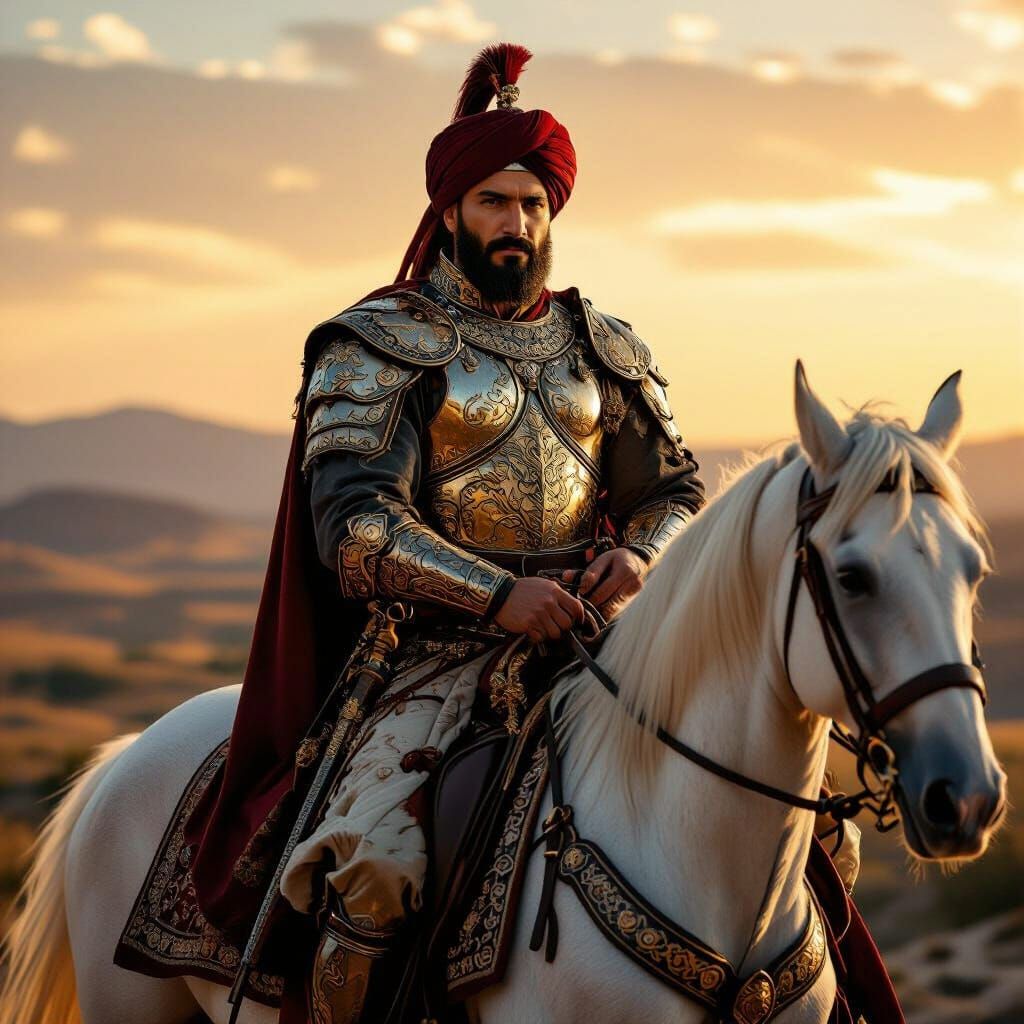 Ottoman Warrior on White Horse at Sunset